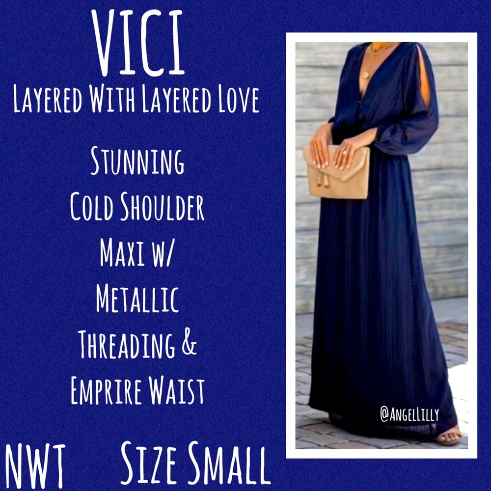 VICI Stunning Cold Shoulder Maxi w/ Metallic Threading & Empire Waist NWT